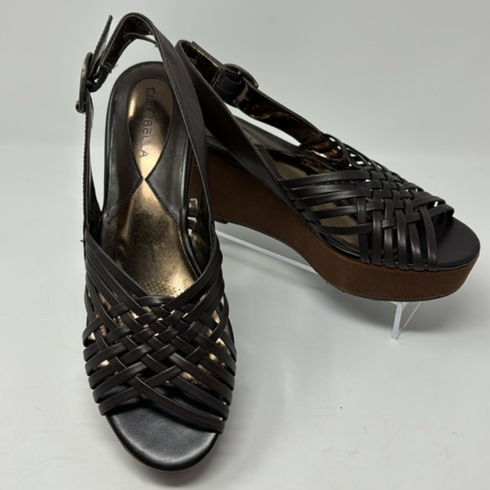 NWT Ciao Bella “Paris” Dark Chocolate Leather Slingback Wedge Sandals SZ 8.5 & 9